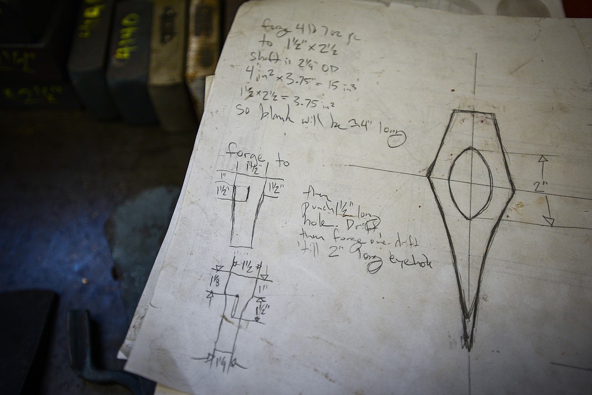 A page of Jeffrey Funk's handwritten instructions on forging a new axe inside his workshop on Tuesday, Nov. 12. (Casey Kreider/Daily Inter Lake)