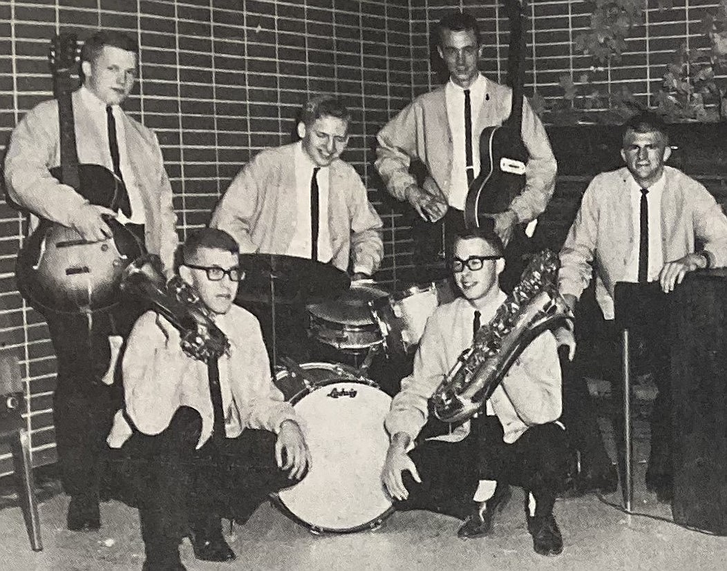 In 1964, the Fabulous Shadows prepare for a dance. Front row, from left: Tom Dotzler and Jack Fullwiler. Back row: Mike Bolan, Doug Wanamaker, Pete Shepperd and Dexter Yates.