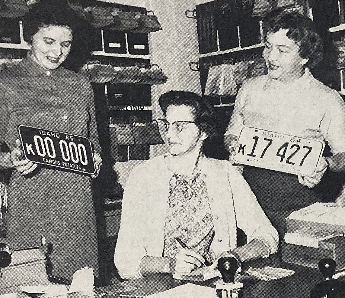 In 1964, staffers of the county assessor’s license bureau prepare for a rush on 1965 plates. From left, Emogene Shively, Veronica Schaffner and Gertrude Person.