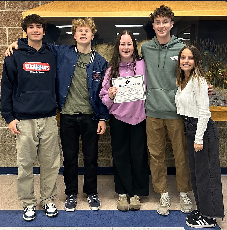 Courtesy photo
Lake City High student Maggie Hiltenbrand was named T-Wolf of the Month recently. Pictured from left are ASB officers Cooper Yake, Rowen Lair, Hiltenbrand, Logan Anderson and Tessa Petersen.