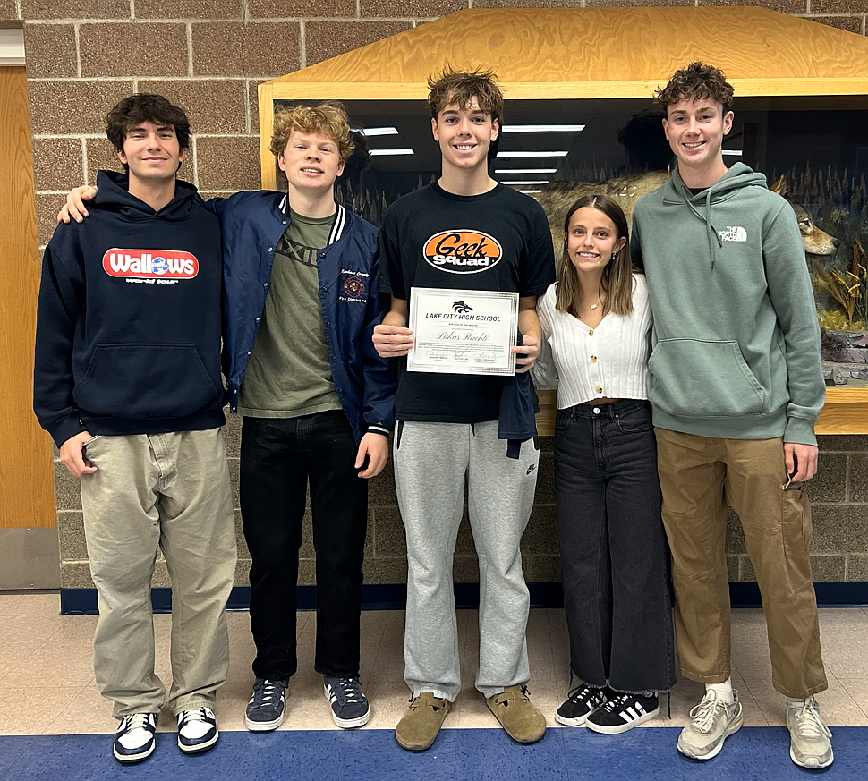 Courtesy photo
Lake City High recently announced Lukas Ruchti as its Student Athlete of the Month for October. From left are ASB officers Cooper Yake, Rowen Lair, Lukas Ruchti, Tessa Peterson and Logan Anderson.