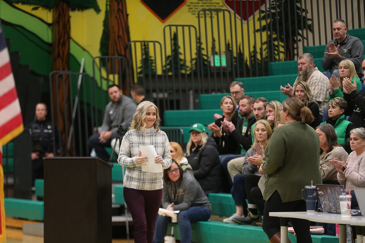 Shannon Rider steps away from the lectern Wednesday night after speaking at the Lakeland School Board meeting.