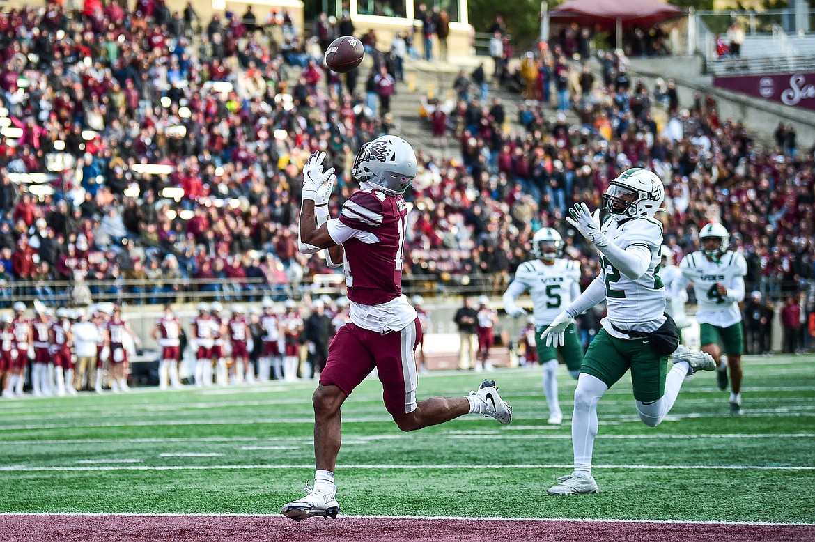 Grizzlies wide receiver Aaron Fontes (14) catches a 35-yard touchdown reception in the fourth quarter against Portland State at Washington-Grizzly Stadium on Saturday, Nov. 16. (Casey Kreider/Daily Inter Lake)