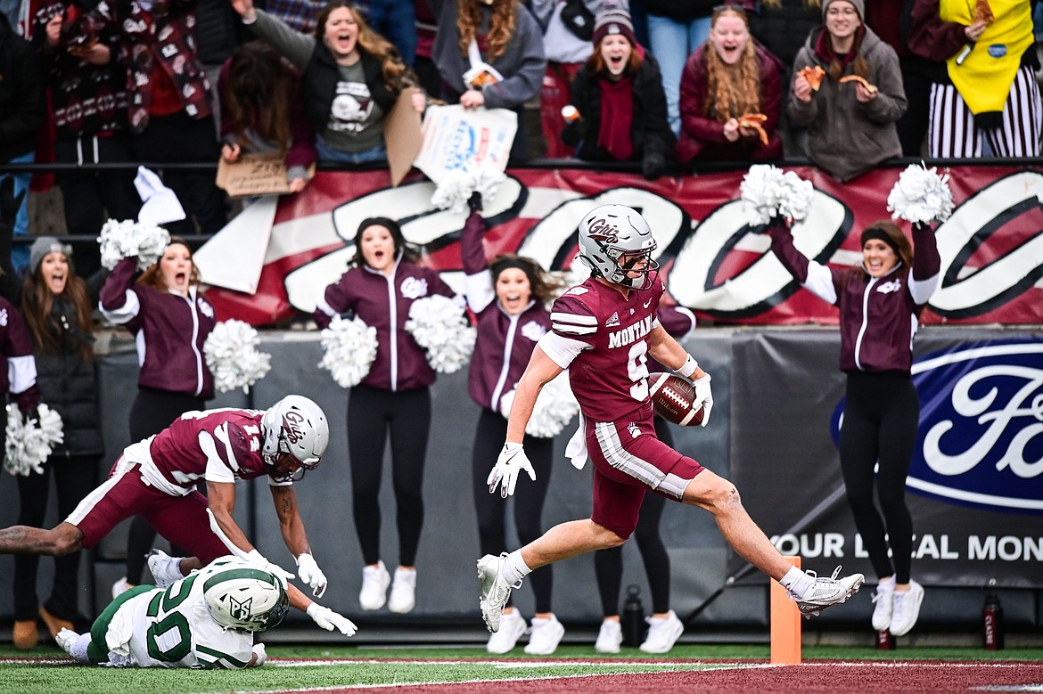 Grizzlies wide receiver Sawyer Racanelli (9) scores on an 81-yard touchdown reception in the third quarter against Portland State at Washington-Grizzly Stadium on Saturday, Nov. 16. (Casey Kreider/Daily Inter Lake)