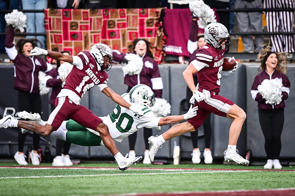 Grizzlies wide receiver Sawyer Racanelli (9) scores on an 81-yard touchdown reception in the third quarter against Portland State at Washington-Grizzly Stadium on Saturday, Nov. 16. (Casey Kreider/Daily Inter Lake)