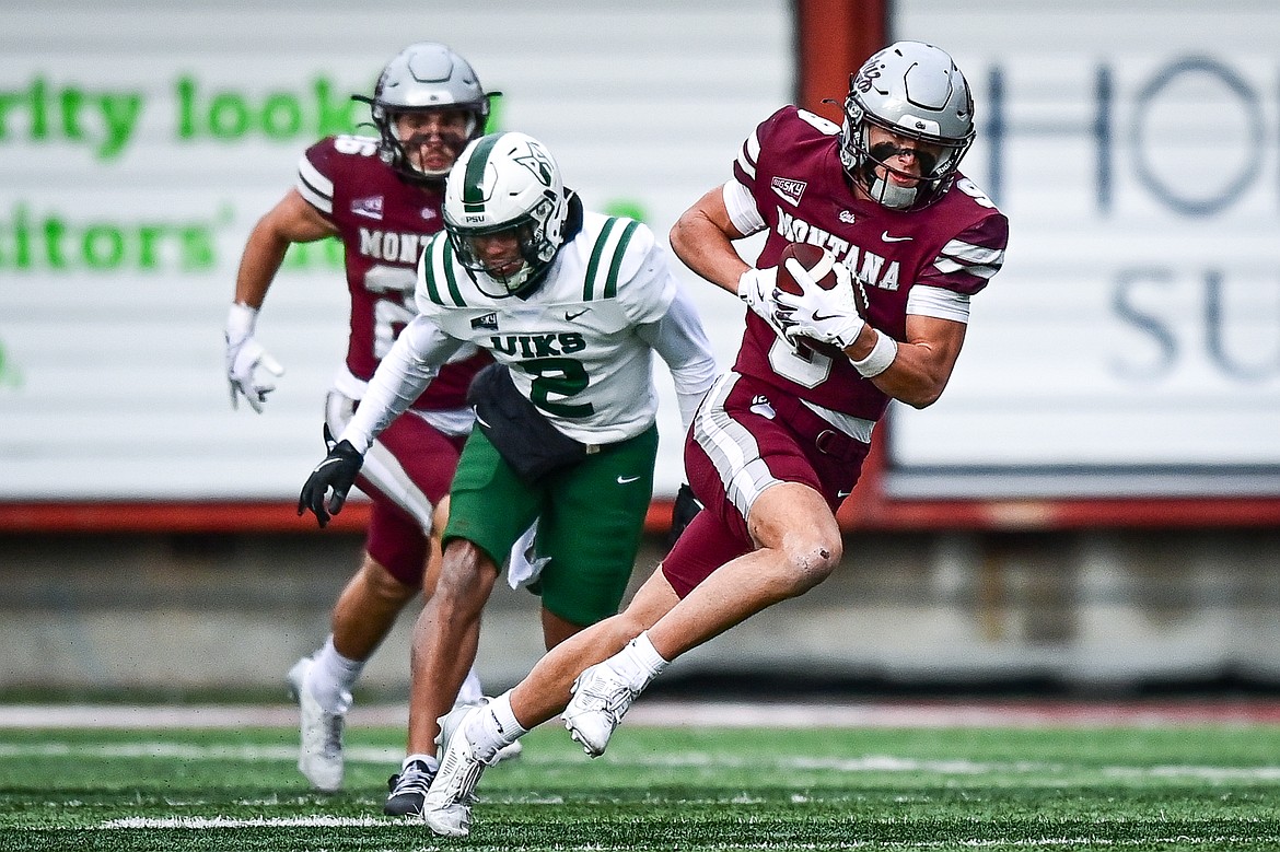 Grizzlies wide receiver Sawyer Racanelli (9) scores on an 81-yard touchdown reception in the third quarter against Portland State at Washington-Grizzly Stadium on Saturday, Nov. 16. (Casey Kreider/Daily Inter Lake)