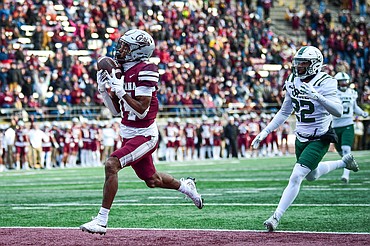 Grizzlies wide receiver Aaron Fontes (14) catches a 35-yard touchdown reception in the fourth quarter against Portland State at Washington-Grizzly Stadium on Saturday, Nov. 16. (Casey Kreider/Daily Inter Lake)