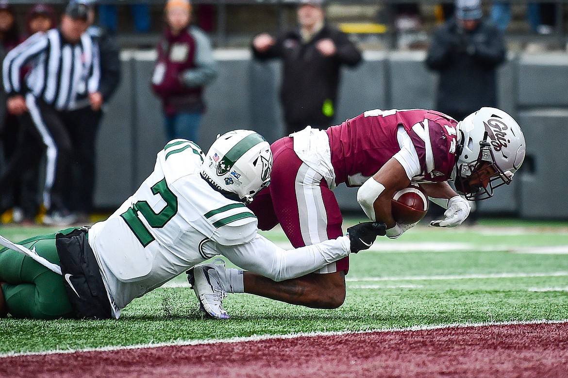 Grizzlies wide receiver Aaron Fontes (14) takes a 20-yard reception to the goal line in the third quarter against Portland State at Washington-Grizzly Stadium on Saturday, Nov. 16. (Casey Kreider/Daily Inter Lake)