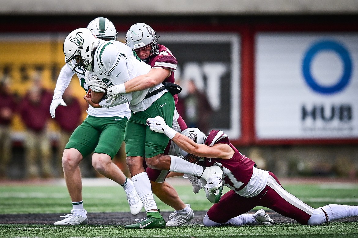 Grizzlies defenders Ryan Tirrell (44) and Trevin Gradney (37) tackle Portland State quarterback Dante Chachere (15) in the second quarter at Washington-Grizzly Stadium on Saturday, Nov. 16. (Casey Kreider/Daily Inter Lake)