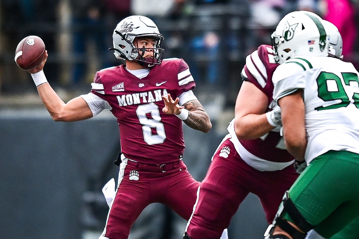 Grizzlies quarterback Keali'i Ah Yat (8) drops back to pass in the second quarter against Portland State at Washington-Grizzly Stadium on Saturday, Nov. 16. (Casey Kreider/Daily Inter Lake)