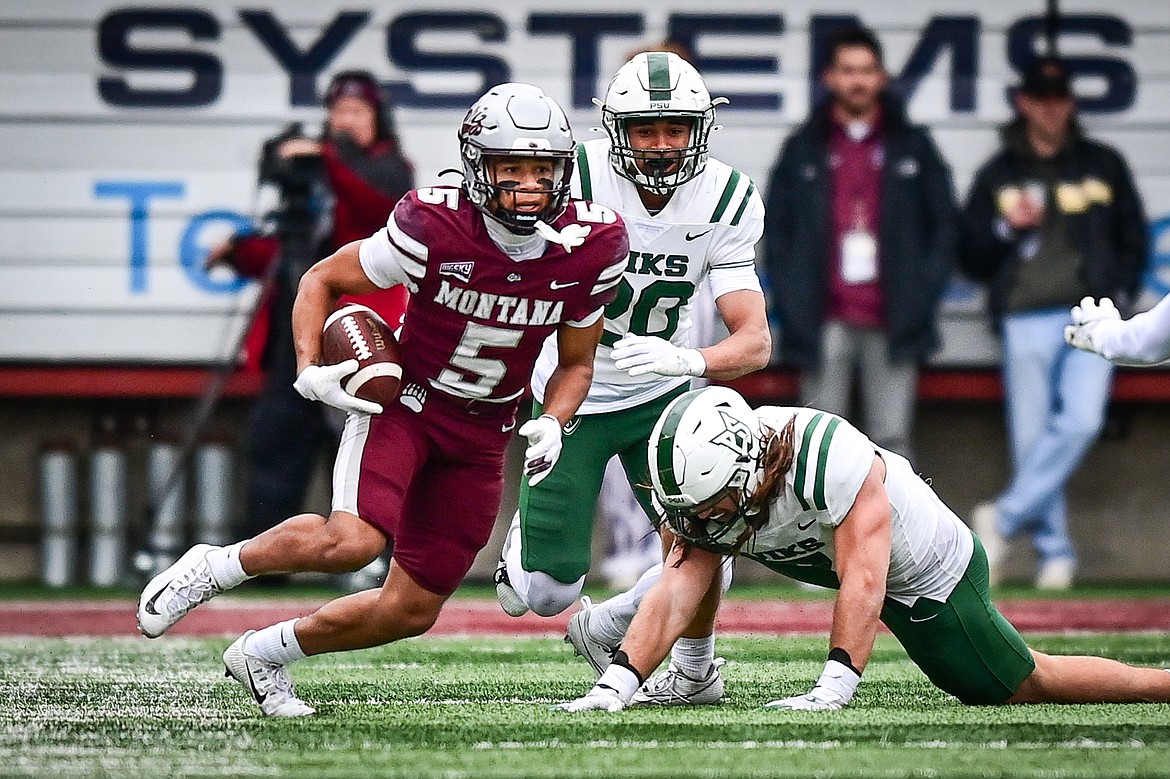 Grizzlies wide receiver Junior Bergen (5) looks upfield after a reception in the second quarter against Portland State at Washington-Grizzly Stadium on Saturday, Nov. 16. (Casey Kreider/Daily Inter Lake)