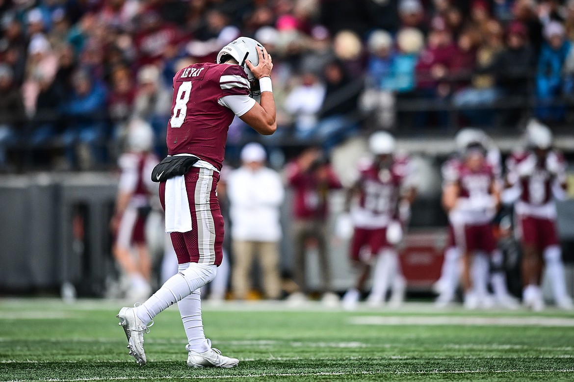 Grizzlies quarterback Keali'i Ah Yat (8) reacts after throwing an interception in the second quarter against Portland State at Washington-Grizzly Stadium on Saturday, Nov. 16. (Casey Kreider/Daily Inter Lake)