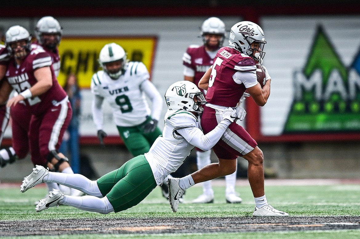 Grizzlies wide receiver Junior Bergen (5) catches a pass over the middle in the first quarter against Portland State at Washington-Grizzly Stadium on Saturday, Nov. 16. (Casey Kreider/Daily Inter Lake)