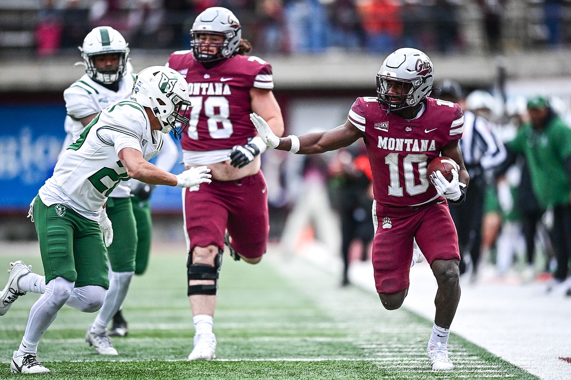 Grizzlies running back Eli Gillman (10) heads down the sideline on a 45-yard run in the fourth quarter against Portland State at Washington-Grizzly Stadium on Saturday, Nov. 16. (Casey Kreider/Daily Inter Lake)