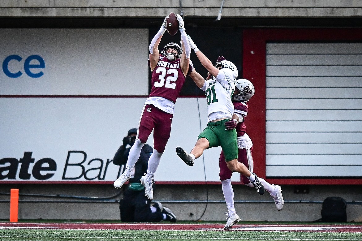 Grizzlies safety Tyson Rostad (32) intercepts a pass in the end zone in the fourth quarter against Portland State at Washington-Grizzly Stadium on Saturday, Nov. 16. (Casey Kreider/Daily Inter Lake)