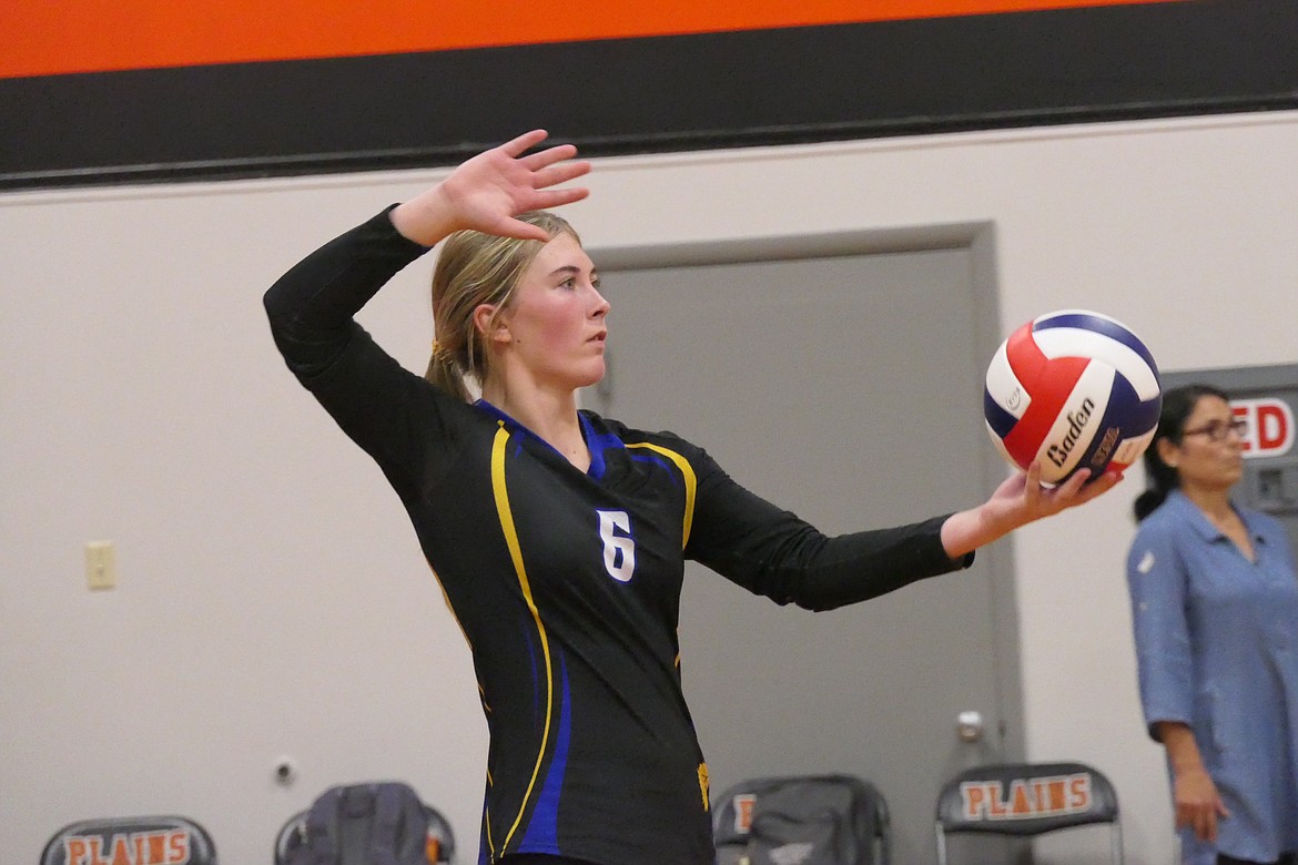 Thompson Falls senior Sarah Koskela was chosen as a first team Western conference all-star, shown here serving against Plains earlier this year.  (File photo)