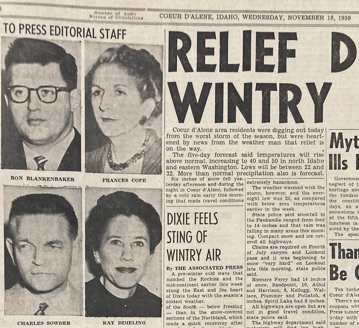 In 1959, News editor R.J. Bruning’s newsroom expanded to five, including, clockwise, from top left, Ron Blankenbaker, Frances Cope, Kay Dimeling and Charles Sowder.