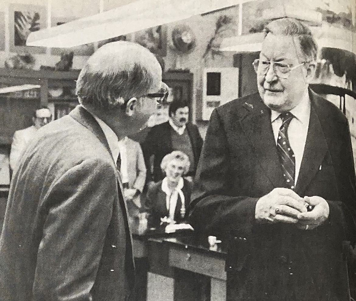 In 1984, President Barry Schuler of North Idaho College, left, visits with college benefactor Ed Seiter.