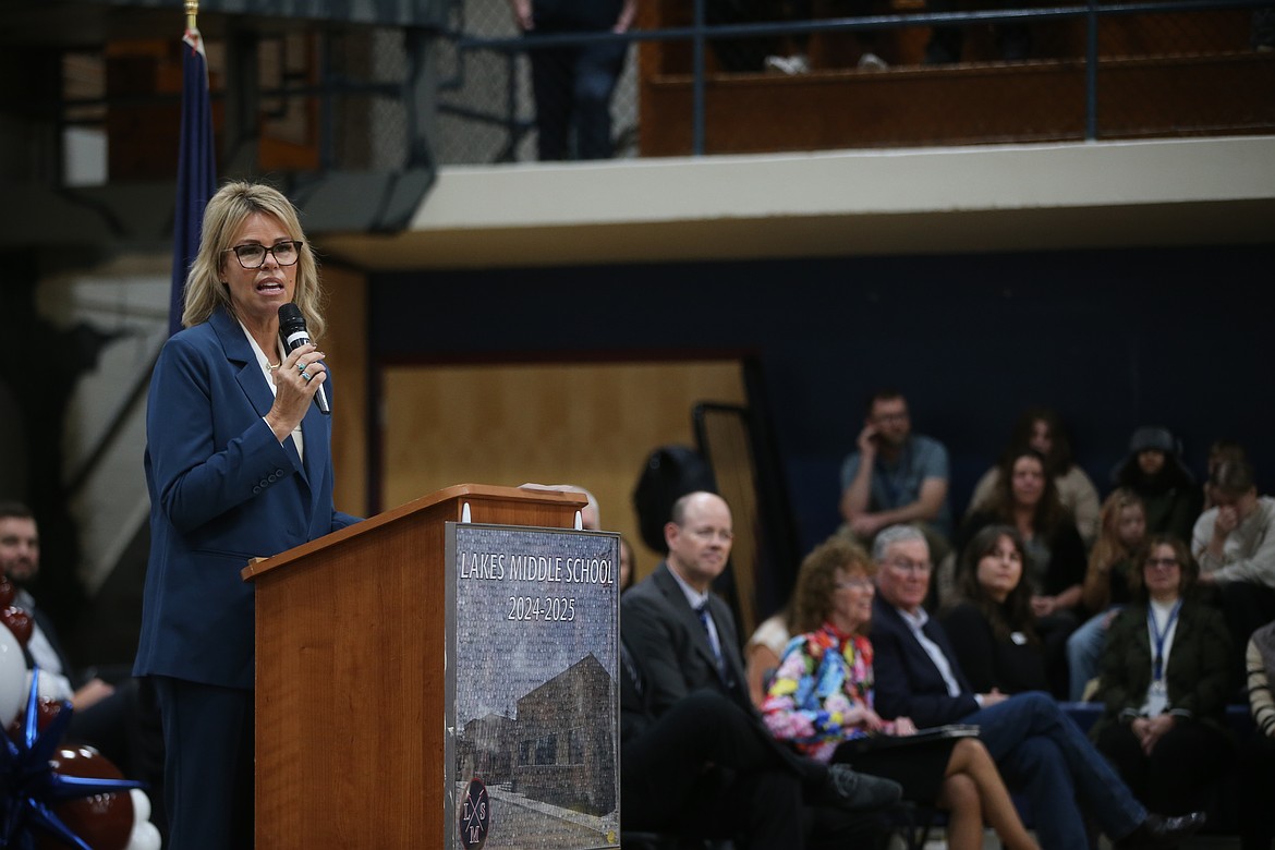 Idaho Superintendent of Public Instruction Debbie Critchfield says a few words Wednesday morning at Lakes Middle School as she congratulates teacher Marcus Ross for being a 2024 Milken Educator Award recipient.