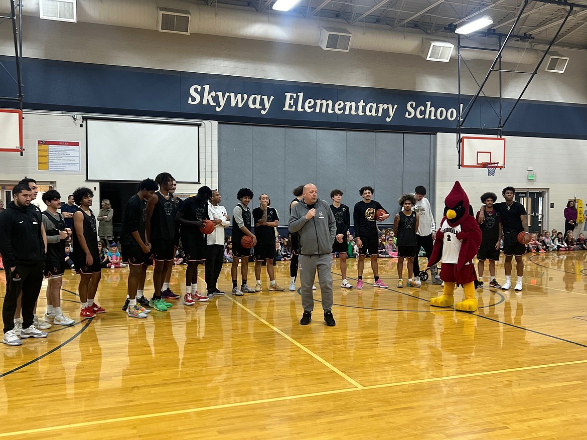 NIC ATHLETICS
North Idaho College men's basketball coach Corey Symons speaks to a group of students during a recent visit to Skyway Elementary in Coeur d'Alene.