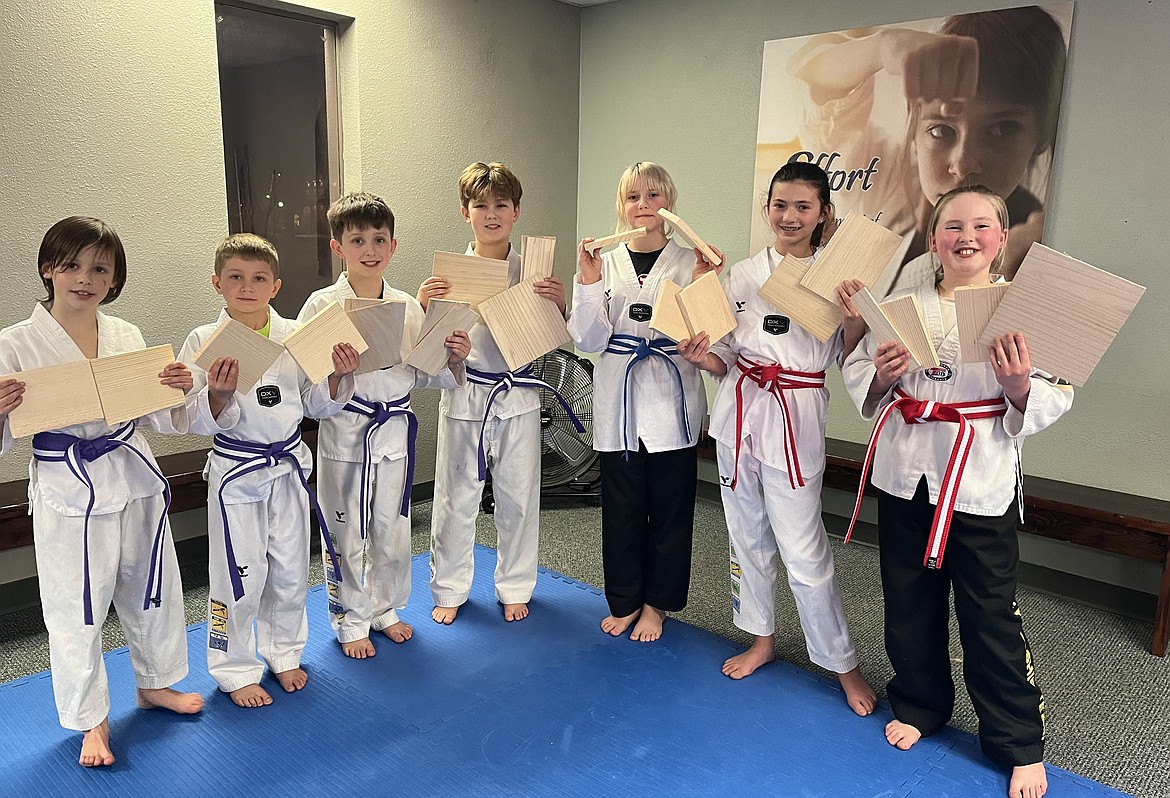 The following members of the Beginner Class at Sandpoint Martial Arts recently aced their belt tests. From left are Elijah Mor (Purple Stripe Belt), Lukas Nelson (Purple Stripe Belt), Maison Nelson (Purple Stripe Belt), Naish Nelson (Purple Stripe Belt), Daphne Pashall (Blue Stripe Belt), Emerson Kruse (Red Stripe Belt) and Addisyn Holland (Red Stripe Belt).