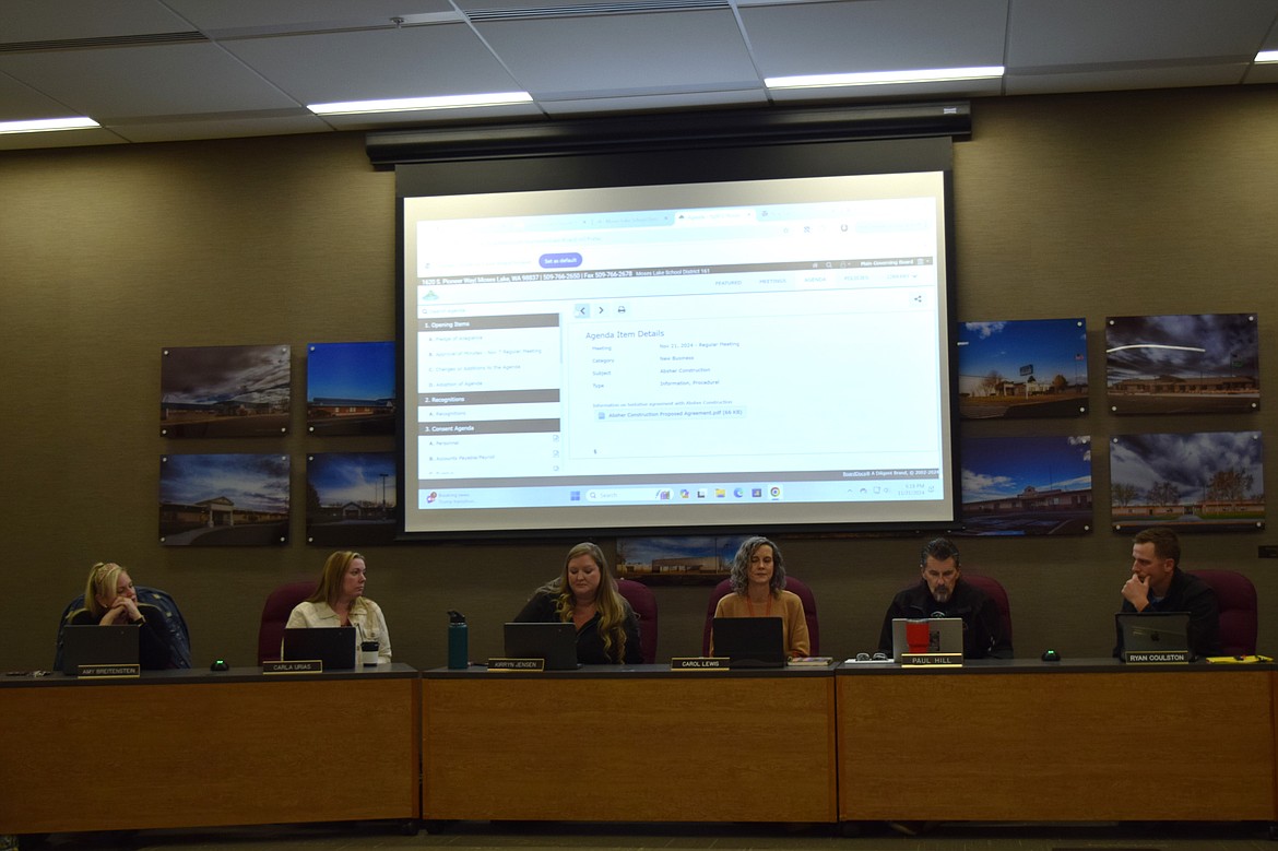 Moses Lake School District board met for its normal meeting Nov. 21. The board passed a proposed agreement for Absher construction regarding Vanguard Academy. During closing comments all of the board members wished the community a Happy Thanksgiving. From left to right is board member Amy Breitenstein, board member Carla Urias, board chair Kirryn Jensen, Superintendent Carol Lewis, board member Paul Hill and board member Ryan Coulston.