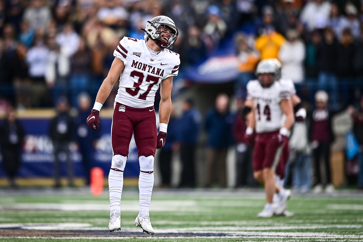 Grizzlies cornerback Trevin Gradney (37) celebrates after a play in the second quarter against the Bobcats during the 123rd Brawl of the Wild at Bobcat Stadium on Saturday, Nov. 23. (Casey Kreider/Daily Inter Lake)