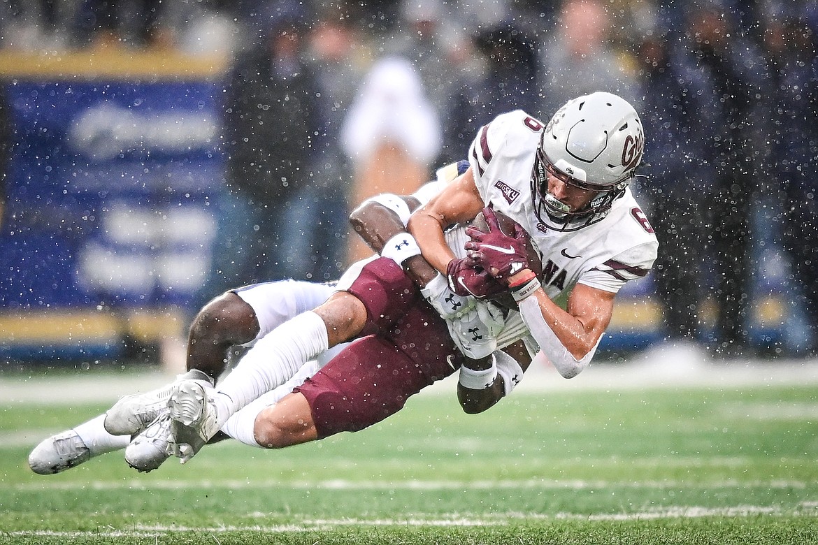 Grizzlies wide receiver Keelan White (6) catches a pass in the fourth quarter against the Bobcats during the 123rd Brawl of the Wild at Bobcat Stadium on Saturday, Nov. 23. (Casey Kreider/Daily Inter Lake)