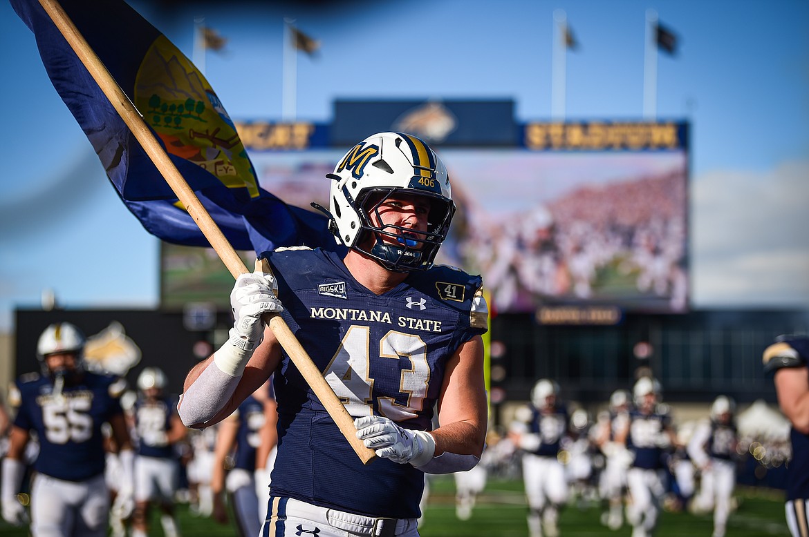 Bobcats linebacker McCade O'Reilly (43) takes the field before the start of the 123rd Brawl of the Wild against the Montana Grizzlies at Bobcat Stadium on Saturday, Nov. 23. (Casey Kreider/Daily Inter Lake)