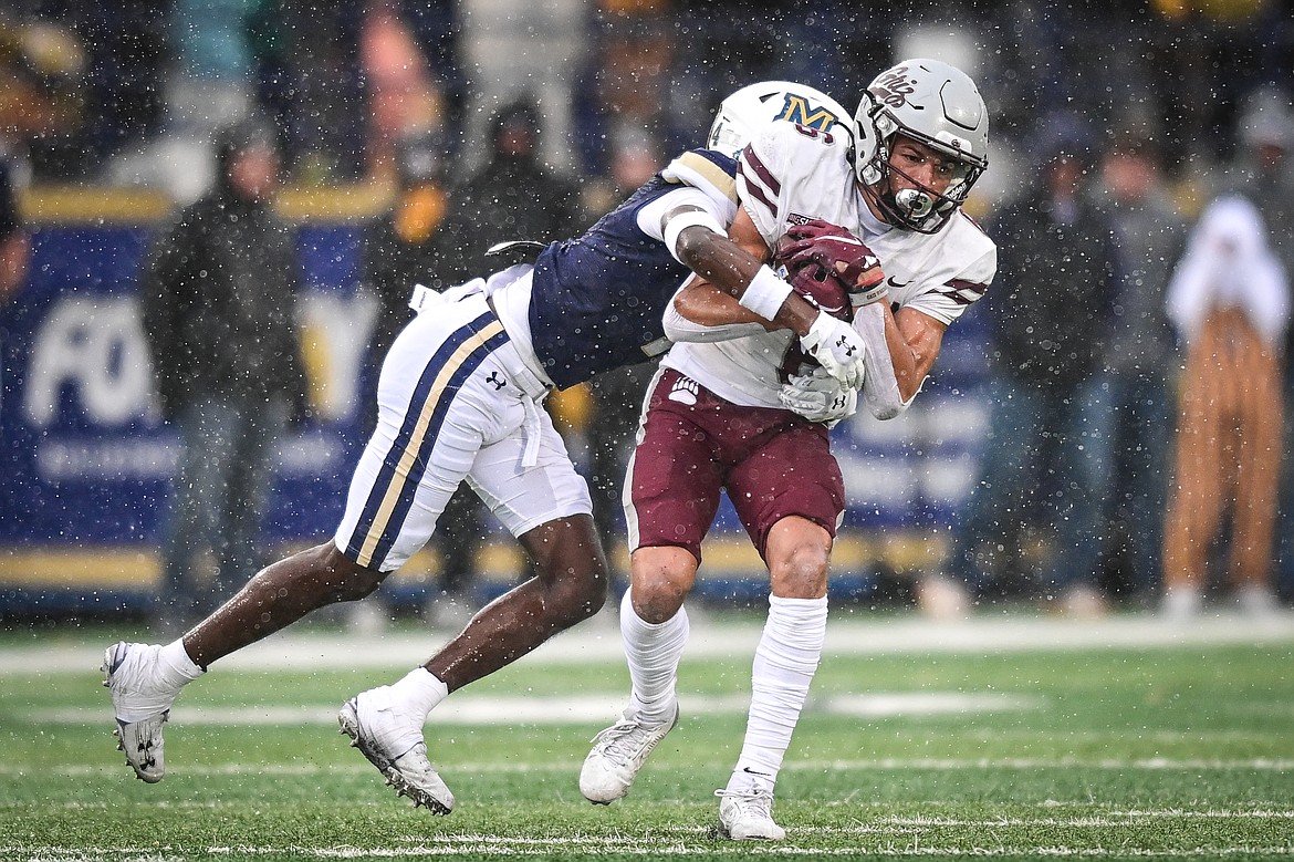 Grizzlies wide receiver Keelan White (6) catches a pass in the fourth quarter against the Bobcats during the 123rd Brawl of the Wild at Bobcat Stadium on Saturday, Nov. 23. (Casey Kreider/Daily Inter Lake)