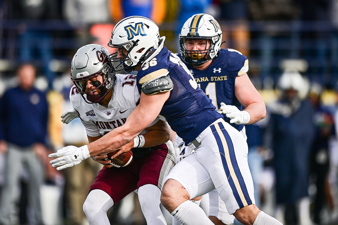 Bobcat defenders Zac Crews (36) and Kenneth Eiden IV (11) sack Grizzlies quarterback Logan Fife (12) in the second quarter during the 123rd Brawl of the Wild at Bobcat Stadium on Saturday, Nov. 23. (Casey Kreider/Daily Inter Lake)