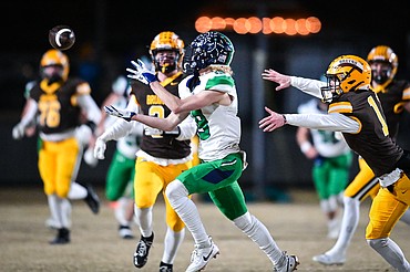 Glacier wide receiver Easton Kauffman (19) catches a pass in the first quarter against Helena Capital during the Class AA state championship at Vigilante Stadium on Friday, Nov. 22. (Casey Kreider/Daily Inter Lake)<a href="https://dailyinterlake.dotphoto.com/">Click here to order photo reprints.</a>