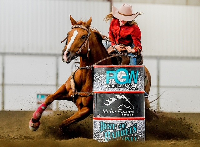 Simona Villelli, a seventh grader at Sandpoint Middle School, rides to a Junior World Finals qualifying time in barrel racing at the 14th annual Producers Gone Wild event held Aug. 30 and 31 at the Grant County Fairgrounds near Moses Lake, Wash.