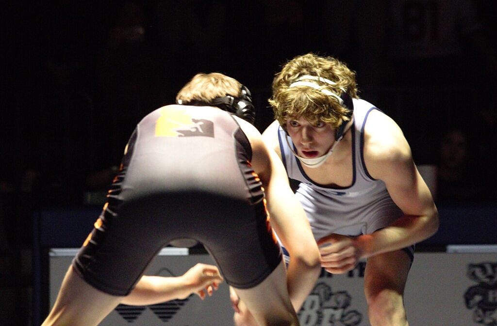 Bonners Ferry High junior Stryder Liermann faces off against a Priest River wrestler during a home dual last season.