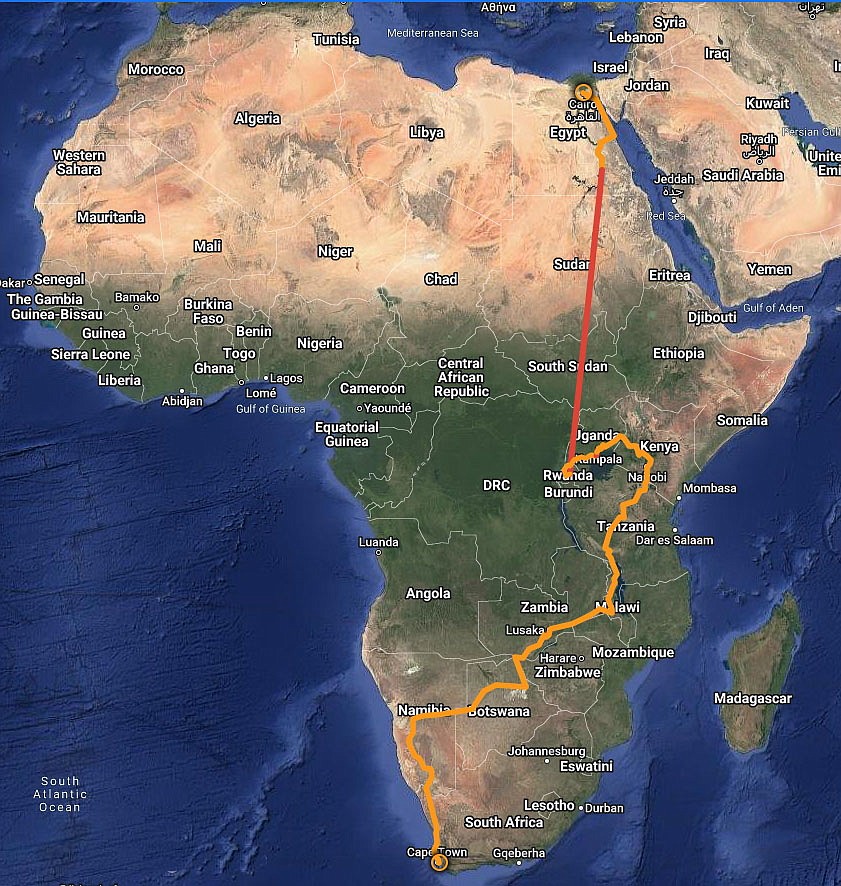 A Google map rendering of the route across Africa created by TDA Global Cycling and shared with riders. (Photo provided by Pam Sbar)