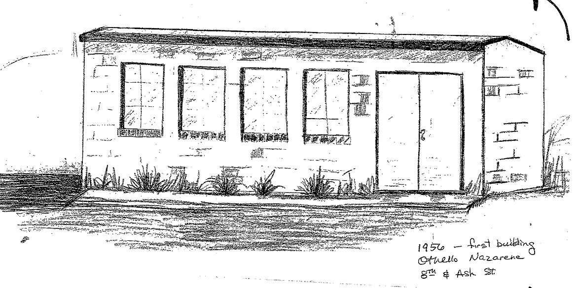 A drawing of the original building that housed the Othello Church of the Nazarene in the 1950s. The concrete block building had neither a furnace nor restrooms.