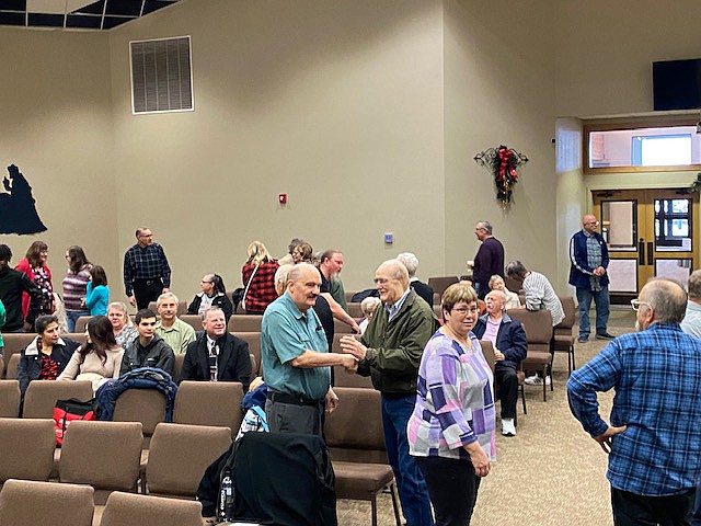 Worshipers gather in the sanctuary of Othello Church of the Nazarene. The congregation has diminished in numbers somewhat since the COVID-19 pandemic, Pastor Chris Davis said, but about 115 people still attend Sunday services.