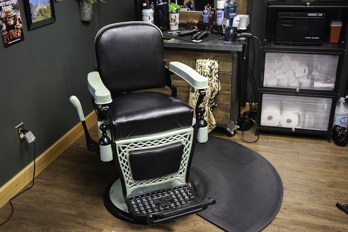 A vintage barber seat at Kalispell Barber Company in Kalispell. (Kate Heston/Daily Inter Lake)