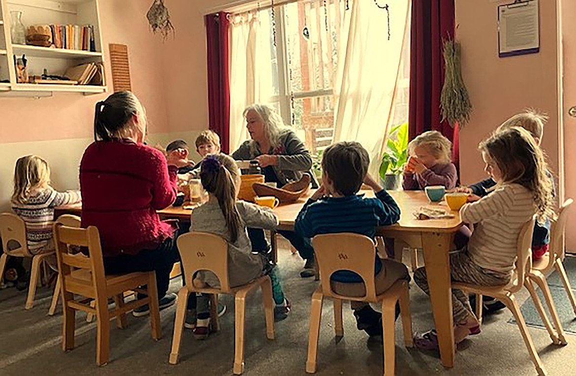 Juneberry kindergarten are pictured during snack time at Sandpoint Waldorf School.