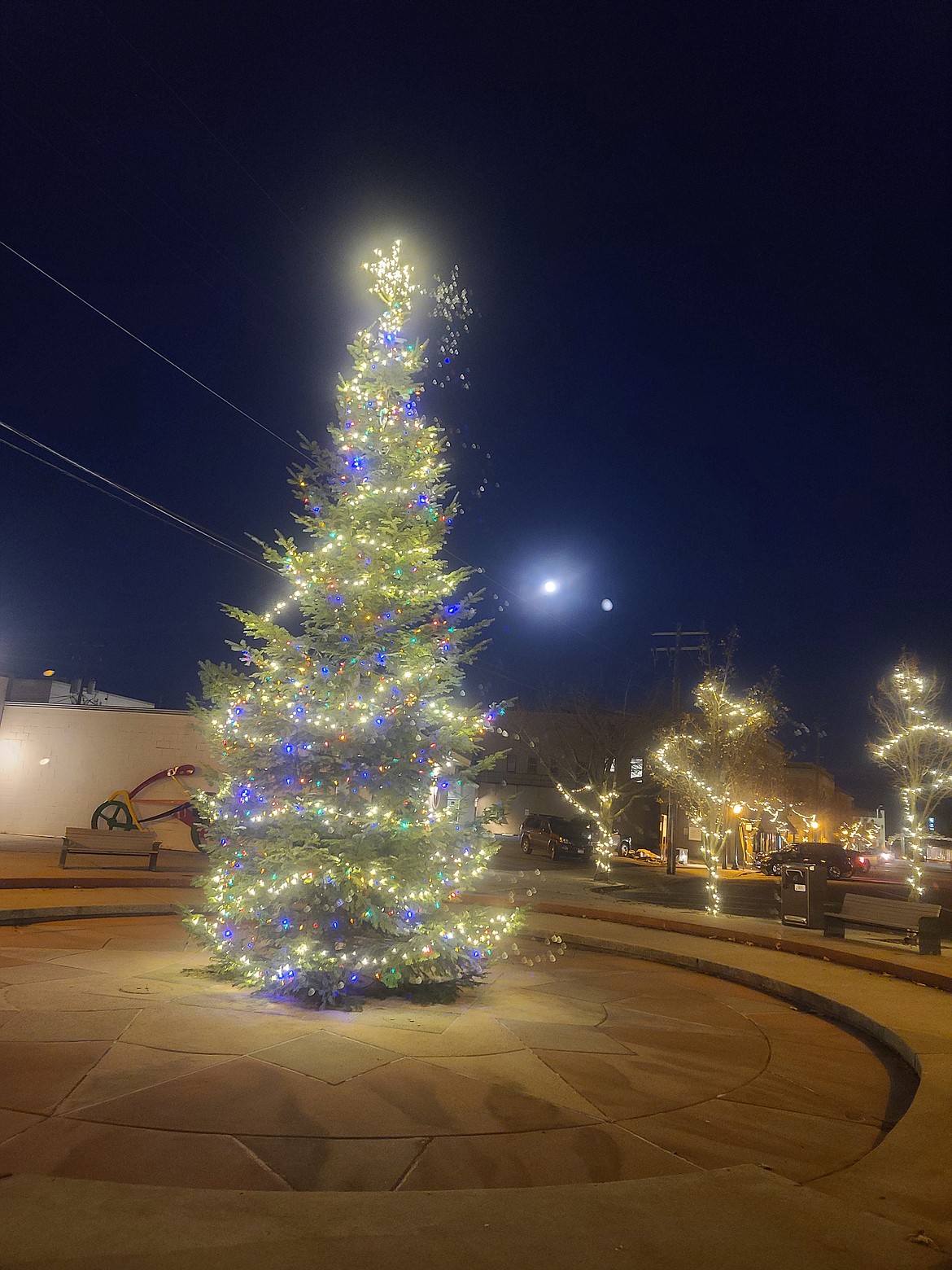 A closeup view of a past community Christmas tree at Jeff Jones Town Square.