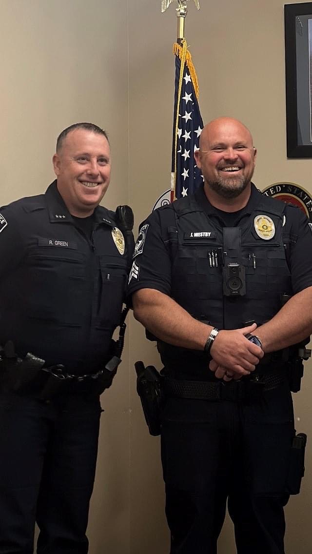 Sgt. Joe Westby, right, poses for a photo with Quincy Police Chief Ryan Green during Westby's promotion ceremony in April.