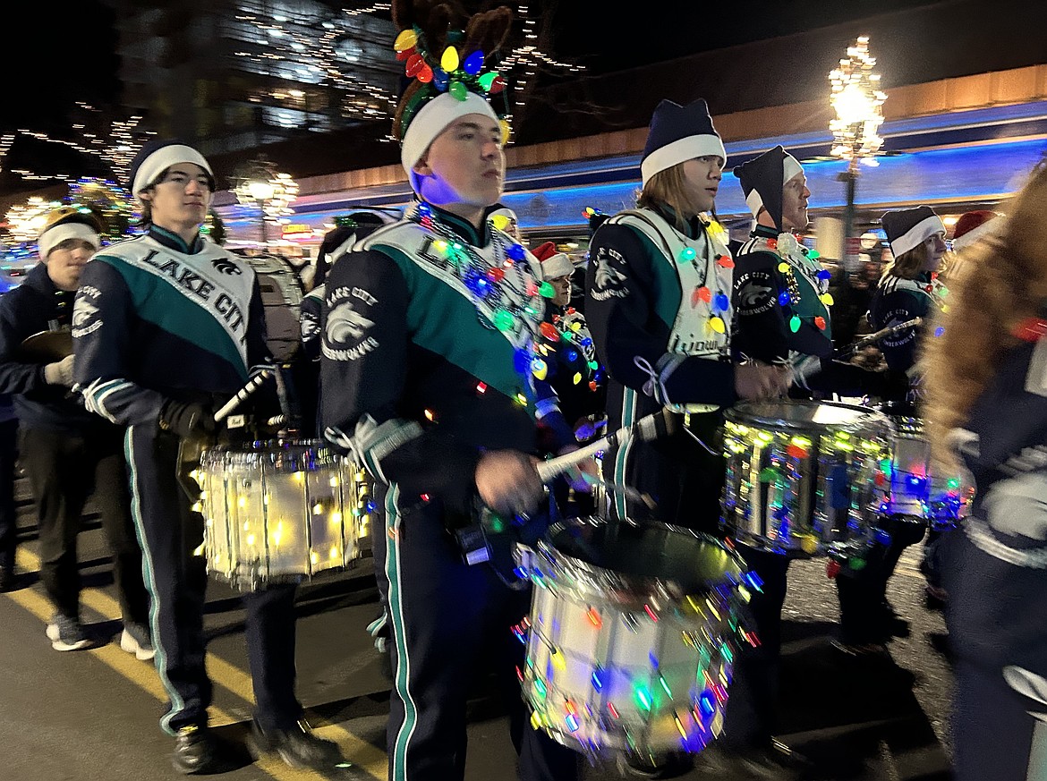 The Lake City High School band performs in the Christmas parade.