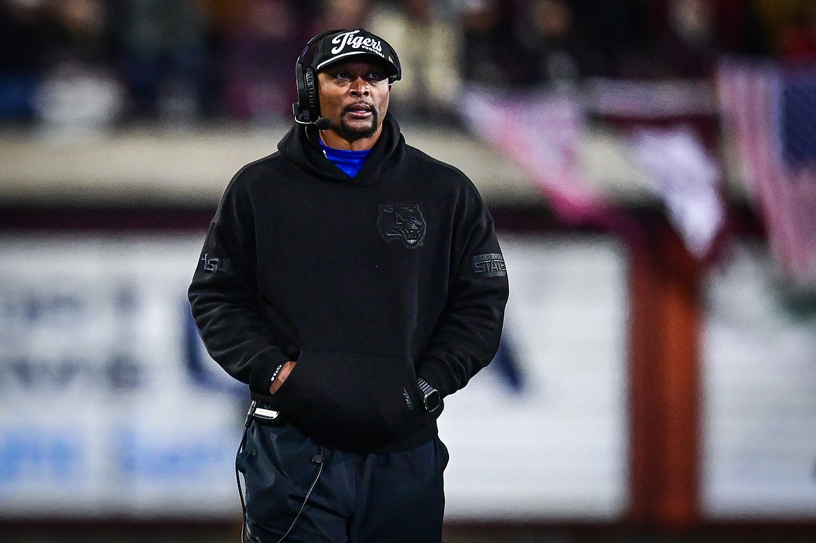 Tennessee State head coach Eddie George during a timeout against Montana in the first round of the FCS Playoffs at Washington-Grizzly Stadium on Saturday, Nov. 30. (Casey Kreider/Daily Inter Lake)