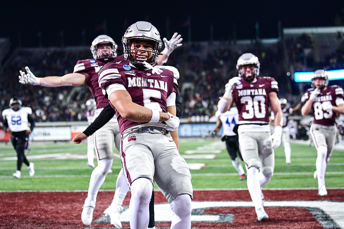 Grizzlies returner Junior Bergen (5) celebrates in the end zone after a 52-yard punt return for a touchdown in the third quarter against Tennessee State in the first round of the FCS Playoffs at Washington-Grizzly Stadium on Saturday, Nov. 30. (Casey Kreider/Daily Inter Lake)Click here to order photo reprints.