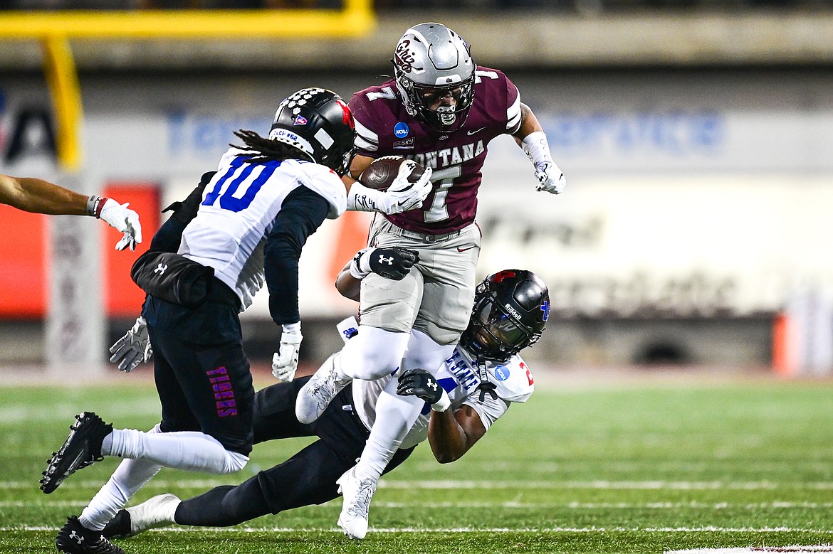 Grizzlies running back Malae Fonoti (7) picks up yardage on a run in the third quarter against Tennessee State in the first round of the FCS Playoffs at Washington-Grizzly Stadium on Saturday, Nov. 30. (Casey Kreider/Daily Inter Lake)