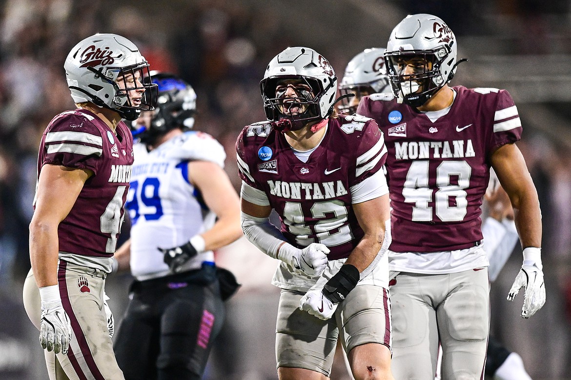 Grizzlies linebacker Riley Wilson (42) celebrates after a tackle in the third quarter in the opening round of the FCS Playoffs at Washington-Grizzly Stadium on Saturday, Nov. 30. (Casey Kreider/Daily Inter Lake)