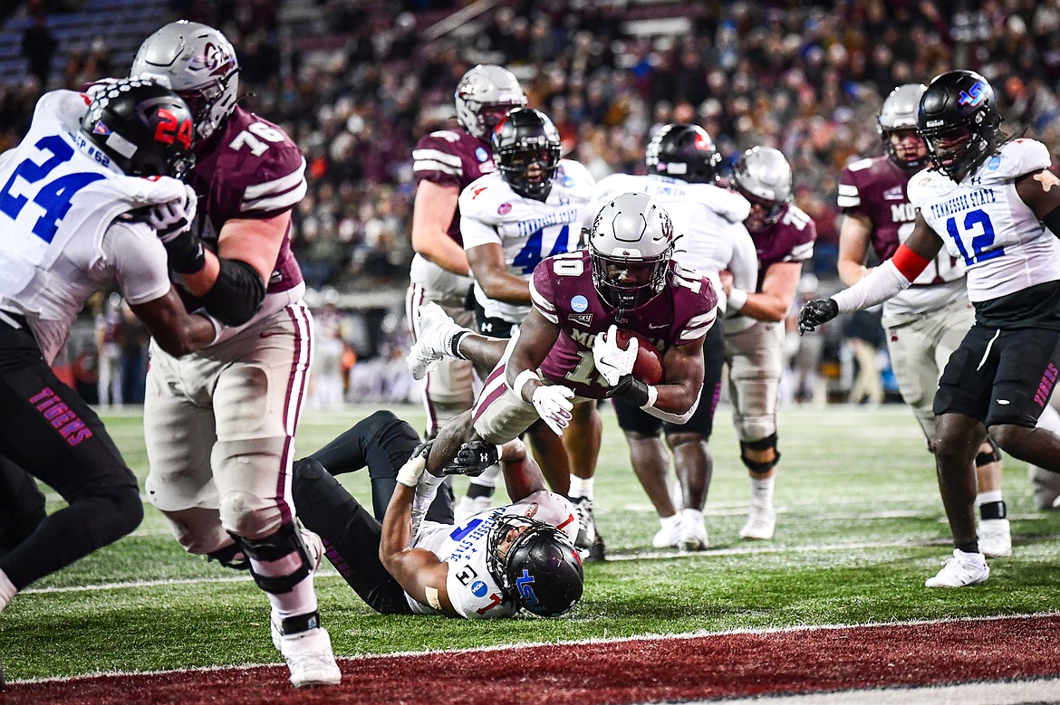 Grizzlies running back Eli Gillman (10) dives into the end zone for a touchdown in the second quarter against Tennessee State at Washington-Grizzly Stadium on Saturday, Nov. 30. (Casey Kreider/Daily Inter Lake)Click here to order photo reprints.