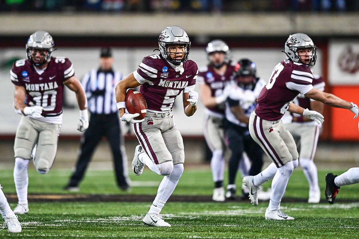 Grizzlies returner Junior Bergen (5) returns a punt 52-yards for a touchdown in the third quarter against Tennessee State in the first round of the FCS Playoffs at Washington-Grizzly Stadium on Saturday, Nov. 30. (Casey Kreider/Daily Inter Lake)