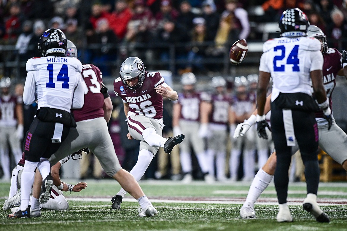 Grizzlies kicker Ty Morrison kicks a 31-yard field goal in the second quarter against Tennessee State in the first round of the FCS Playoffs at Washington-Grizzly Stadium on Saturday, Nov. 30. (Casey Kreider/Daily Inter Lake)