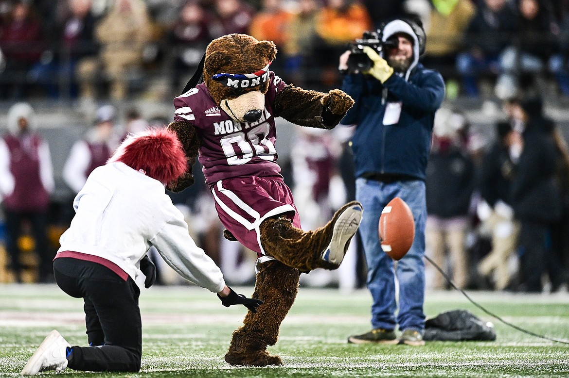 Monte kicks a field goal at halftime against Tennessee State in the first round of the FCS Playoffs at Washington-Grizzly Stadium on Saturday, Nov. 30. (Casey Kreider/Daily Inter Lake)